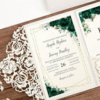 DORIS HOME 50pcs Laser Cut Wedding Invitations with Envelopes and RSVP Cards Green and Ivory White, 4.7x7.1 Personalized Invitation Cards for Wedding, Anniversary Invitations with Envelopes