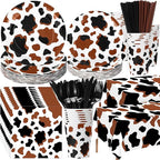 452 Pcs Cow Print Party Decorations Supplies Include Brown Cow Print Paper Plates Napkins Cups Tablecloth Cutlery Straws for Western Rodeo Birthday Baby Shower Farm Animal Party Decorations