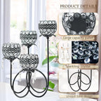 4 Arms Crystal Candelabra Tealight Holder - Tall 15.7 Inch Elegant Centerpiece with Crystal Pendant Bowls & Artistic Metal Stand for Wedding, Dining Table, Home Decor (1, Black)