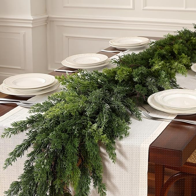 Alupssuc 9FT Christmas Garland, Cedar Garland -Real Touch Artificial Greenery Cypress Pine Garland for Mantle Table Railing Fireplace Indoor & Outdoor Christmas Decoration