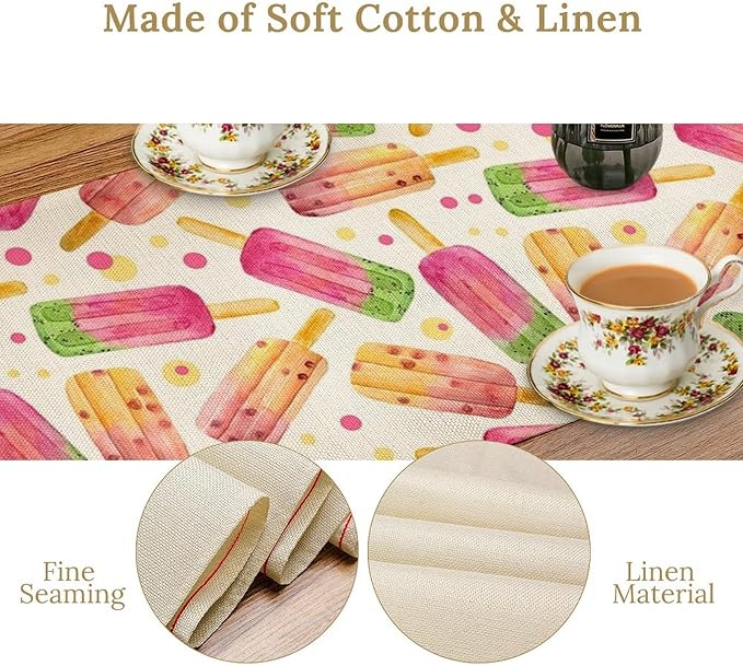 Ice Cream Popsicles Table Runner, Watercolor Summer Seasonal Fruit Peach Kiwi Berry Popsicles Orange Pink Sweet Dessert Dinner Runner for Party Holiday Home Kitchen Dining Table Decor 13"x90"