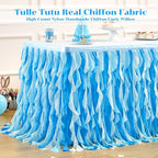 Partisky Ocean Blue Tulle Tutu Ruffle Curly Willow Table Skirt for Rectangle Table 14ft,Under The Sea Baby Shark Themed Table Cloth for Boys Girls Birthday Party or Baby Shower