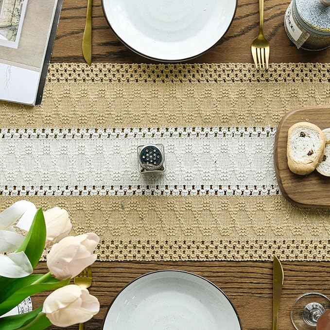 Artoid Mode Burlap Brown Farmhouse Rustic Table Runner, Seasonal Hollow Kitchen Dining Table Decoration for Home Party Decor 12x36 Inch