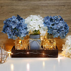 Mason Jar Lights Centerpiece Table Decor for Dining Room Farmhouse Coffee Table Decor with Wood Tray Fairy Lights Fake Hydrangea Flowers for Kitchen Living Dining Room - Blue White