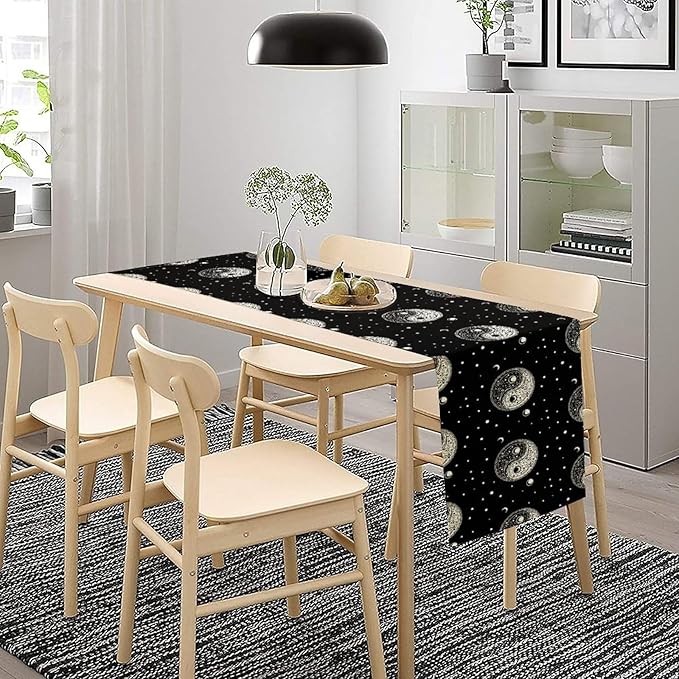 Mystical Celestial Table Runner, Vintage Bohemian Black Yin Yang Symbol Moon Stars Print Table Runner for Office Kitchen Dining Wedding Party Home Coffee Table, 13x108inch
