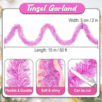 50 Feet Macaron Pink Christmas Tinsel Garland, Metallic Foil Twist Banner Wall Hanging Tinsel Streamers Backdrop for Parade Floats, Christmas, Mother's Day, Birthday Party Decorations(2in x 50ft)