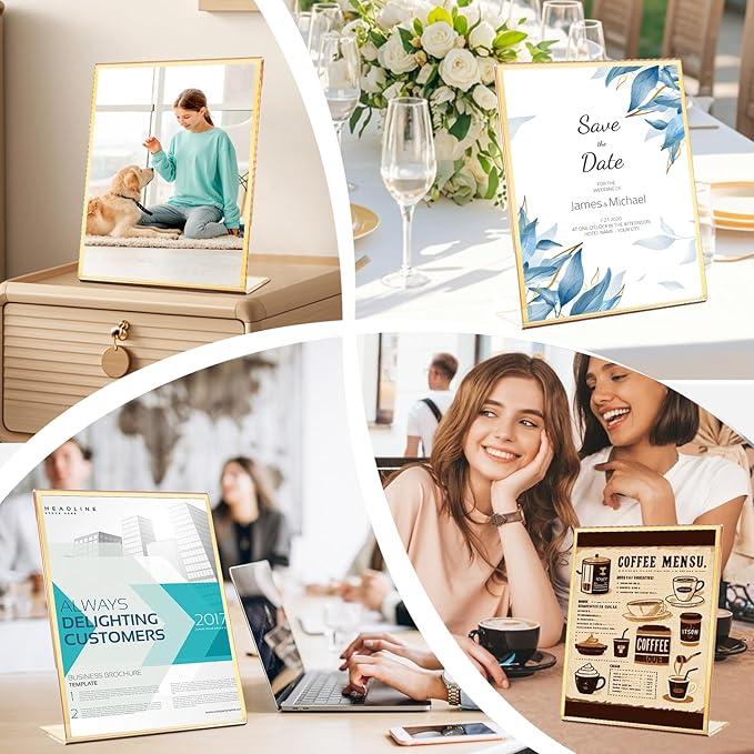Acrylic Gold Frames 5X7, Slanted Back Gold Picture Frames Table Acrylic Sign Holder for Photos Wedding Table Numbers and Art Display with Removable Clear Sticky Dots，6 Pack