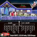Christmas Lights Outdoor Decorations 1216 LED 99ft 8 Modes Curtain Fairy String Light with 228 Drops, Clear Wire LED String Light Indoor Decor for Wedding Party Holiday Christmas Decoration Blue