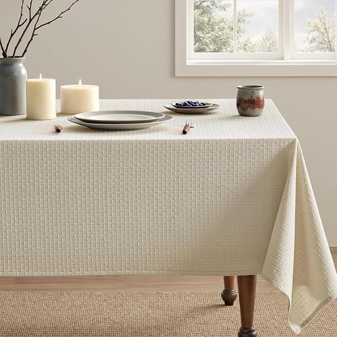 MIULEE Natural Linen Cottton Table Cloth Rectangle Tablecloth Waterproof Spillproof Cross-Star Textured Table Cltoth Decorative Farmhouse Style for Dining Party Weddings 60x120 Inch