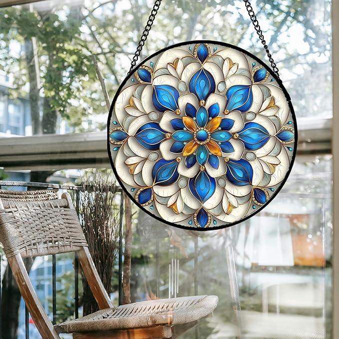 Stained Glass Window Hanging - Blue and White Abstract Flowers Suncatcher for Door Terrace Garden Home Decor, Gold Sun Catcher Birthday Gifts for Lovers Women Men Dad Mom Nana 11.8 in
