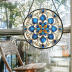 Stained Glass Window Hanging - Blue and White Abstract Flowers Suncatcher for Door Terrace Garden Home Decor, Gold Sun Catcher Birthday Gifts for Lovers Women Men Dad Mom Nana 6.3 in