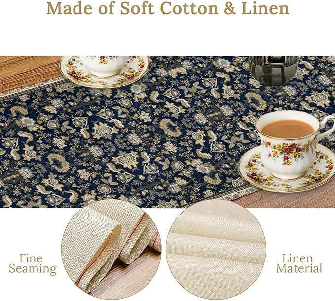 Vintage Boho Floral Table Runner, Morris Rustic Country Farmhouse Dark Blue Grey Retro Flower Pattern for Home Kitchen Table Decor Dining Coffee Room Party Decor 13x108in