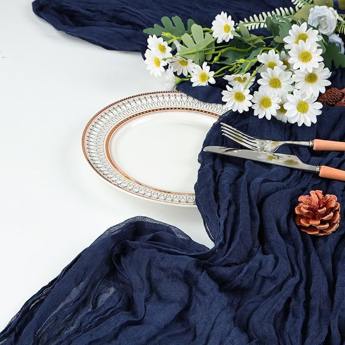 12 Pack Navy Blue Cheesecloth Table Runner 10ft Boho Gauze Fabric Cheese Cloth Table Runner 35 x 120 Inch Rustic Sheer Runner for Romantic Wedding Decor Baby Shower Party Table Centerpiece Decoration