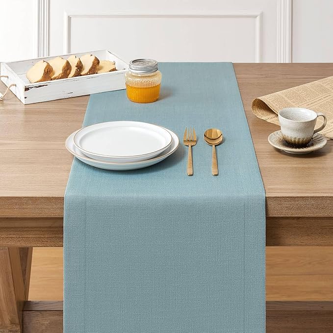 ZeeMart Linen Textured Border Table Runner, 14 x 60 Inch Blue, Farmhouse Style Dusty Blue Table Runners 60 Inches Long, Easy Care Everyday Polyester Table Runner