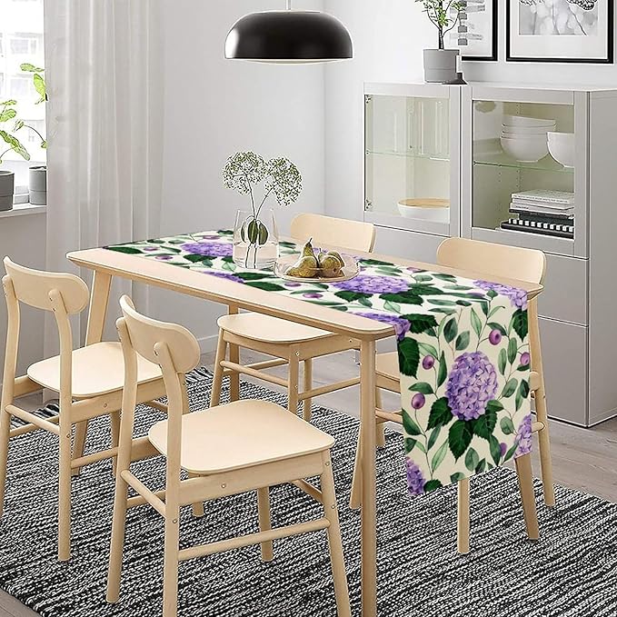 Spring Hydrangea Flower Table Runner, Seasonal Summer Plants Eucalyptus Leaves Purple Florals Dinner Runner for Home Kitchen Dining Table Party Holiday Decoration 13"x36"