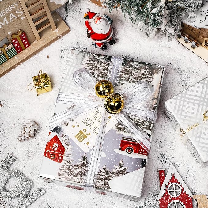 LeZakaa Christmas Silver Wrapping Paper Jumbo Roll for Boy Kid, Red Truck, Snowy Pine Forest & Grid Plaid, Silver Foil Reversible Design for Winter Holiday Family Gathering, 30 inches x 100 Feet
