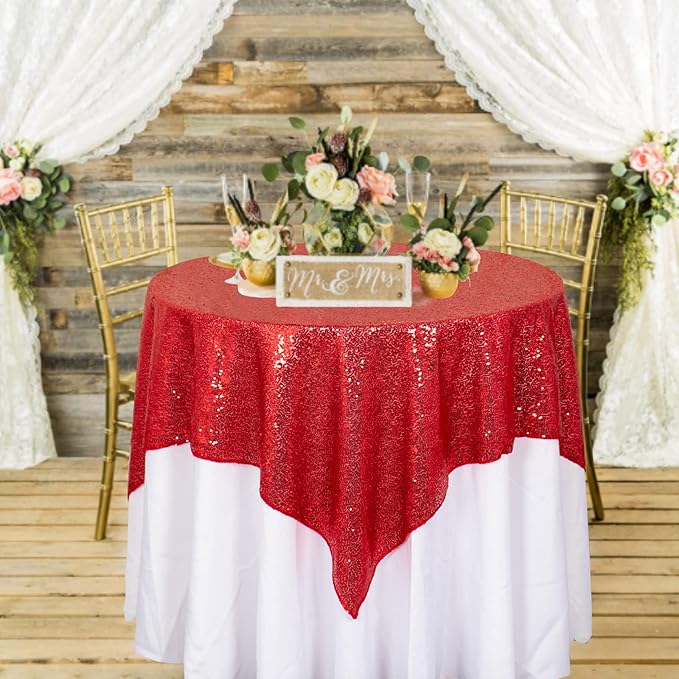 ShinyBeauty Red Tablecloths 36x36 Inch, 2 Packs Sequin Table Cloth for Parties Sparkle Table Cloths Square Shimmer Table Overlay Small Tablecloth Linen for Wedding, Birthday, Christmas Tables Decor