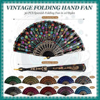 Geetery 30 Pcs Folding Hand Fan for Line Dancing Spanish Boots on The Ground Fans Gifts Bulk Colorful Silk Popping Rave for Women Tea Party Wedding Church Halloween Costume(Embroidery,Vintage Colors)