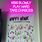 Kiss Slowly Play Hard Take Chances Neon Sign Pink LED Light Inspirational Wall Decor Motivational Gift for Bedroom Living Room Party Home