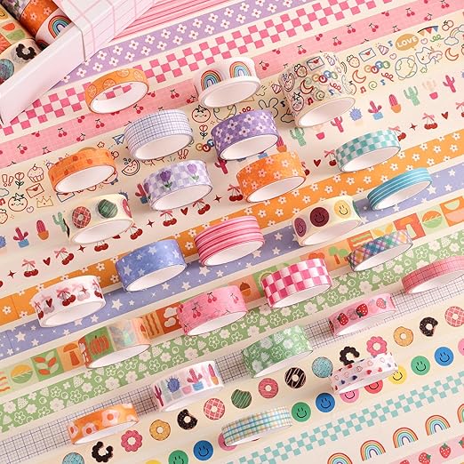 32 Rolls Colorful Cute Floral Writable Washi Tape Set, Decorative Tapes for Scrapbooking and Journaling, Junk Journal Supplies, Bullet Journaling for Women Girl 5-30mm Wide 9.84ft Long/Roll