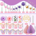 Shimeyao 52 Pcs Wedding Birthday Gold Cake Decoration Boho Cake Topper Pink Purple Flower Butterfly Palm Leaves Balls Toppers for Women Baby Shower Party Decoration(Candy Color)