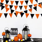 Black Orange Party Decoration Metallic Fabric Triangle Pennant Banner Flag Bunting Garland for Graduation Halloween Fall Autumn Thanksgiving Birthday Wedding Baby Shower Bridal Shower Party Supplies