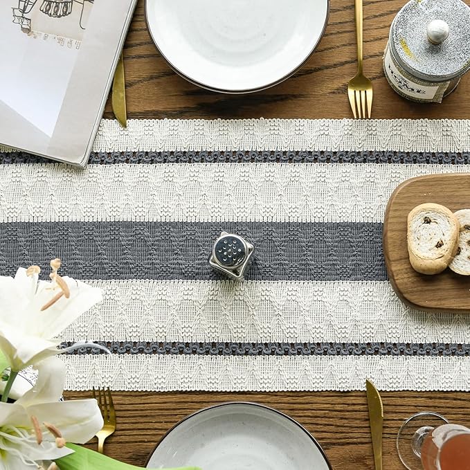 Artoid Mode Dark Grey Farmhouse Woven Rustic Table Runner, Seasonal Holiday Hollow Kitchen Dining Table Decoration for Home Party Decor 12x120 Inch