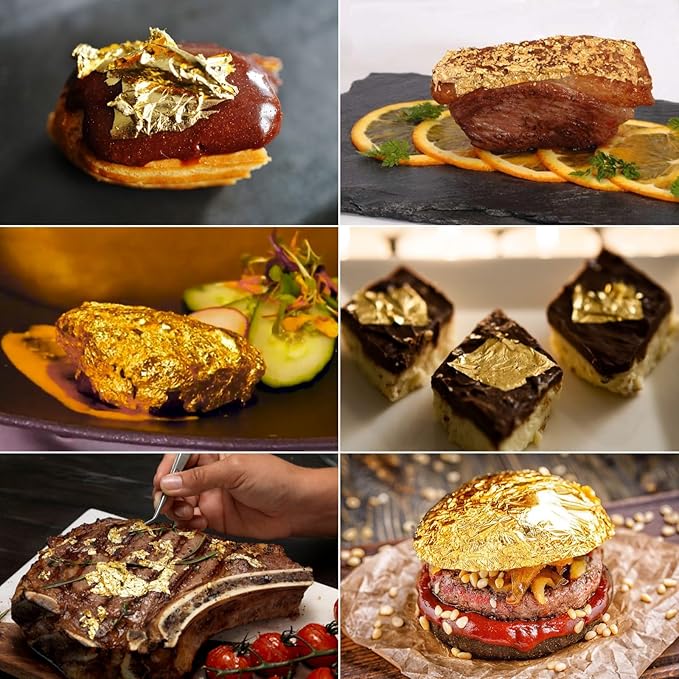 20 Sheets Gold Flakes, Premium 24K Gold Leaf 3.15×3.15 Inches Craft Art Decoration Perfect for Decorating Cakes Desserts Drinks Ice Cream Sushi