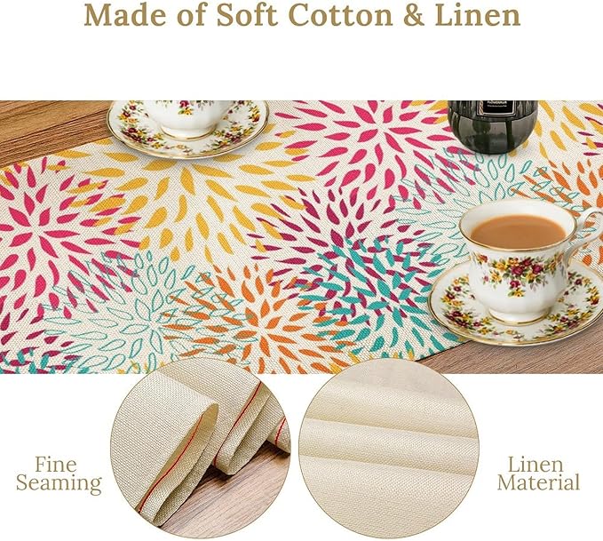 Abstract Flowers Table Runner, Chrysanthemum Dahlia Vintage Modern Colorful Spring Summer Elegant Table Runner for Party Kitchen Dining Living Room Laundry Room Decor, 13x120 Inch