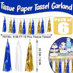 6P Navy-Blue White-Gold Foil Fringe Metallic Tassel-Garland, Tassels Banner Streamers for Parade Floats, Bachelorette, Wedding, Birthday, Graduation, Christmas, Bridal/Baby Shower Party Decorations