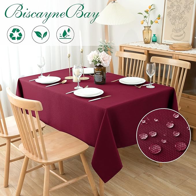 Biscaynebay Textured Fabric Christmas Tablecloths 60x108 Inches Rectangular, Burgundy Water Resistant Tablecloths for Dining, Kitchen, Wedding, Parties etc. Machine Washable