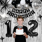 12th Birthday Decorations for Boys Girls, Black Silver Happy Birthday Party Decorations， 12 Year Old Party Supplies with Number 12 Balloons, Banner, Fringe Curtains Kit