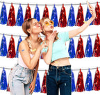 3P Blue Red Metallic Fringe Tassel Banner Garland Foil Tinsel Streamer Wall Curtain Backdrop for Parade Floats, Graduation, Independence Day, 4th of July, Patriotic Themed Party Decoration