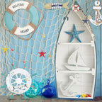 11 Pcs Wooden Nautical Wall Decor Fishing Net Decorations, Include Decorative Fishing Net, Ship Wheel, Fish Skeleton, Life Ring, Anchor, Starfish Beach Decor for Mediterranean Party (Wood Color)
