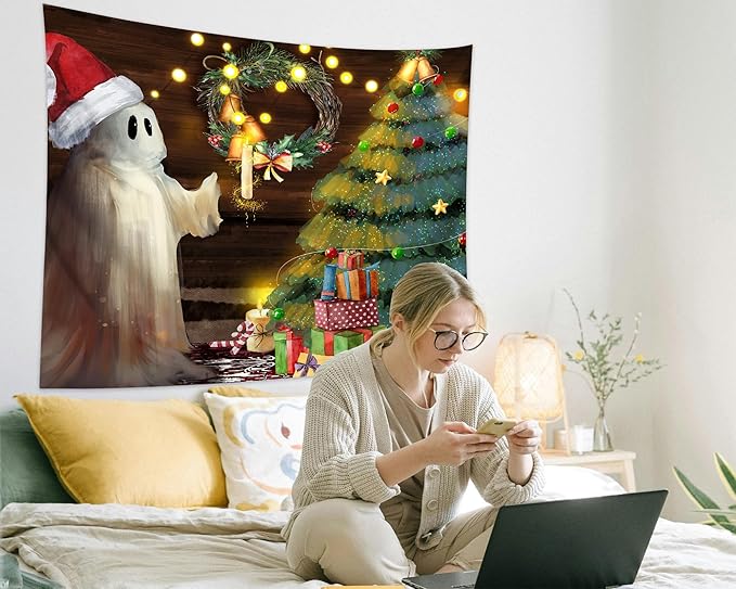 QGHOT Christmas Tapestry Wall Hanging Christmas Tree Backdrop Cute Ghost Wall Decor Xmas Holiday Tapestries for Kids Bedroom Living Room Dorm Party Decoration, Extra Large