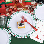 WDF 350pcs Christmas Plates and Napkins Set - Exquisite Holly Design - Christmas Dinnerware Set of 50 Plastic Plates 50 Red Silverware Set&Cups& Napkins
