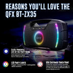 Powerful & Portable Waterproof All Terrain Bluetooth Speaker with Deep Bass, LED Party Lights, Fast USB-C Charging, FM Radio, AUX – QFX BT-ZX35