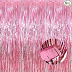 4 Pack Pink Foil Fringe Curtain Backdrop, 3.28Ft x 8.2Ft Metallic Tinsel Foil Fringe Streamer Curtains for Photo Booth Props, Birthday, Wedding, Valentine's Day Decoration Party Supplies