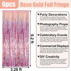 6 Pack Rose Gold Foil Fringe Curtain Backdrop, 3.28Ft x 8.2Ft Metallic Tinsel Foil Fringe Streamer Curtains for Photo Booth, Birthday, Wedding, New Year Party Decorations