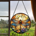 Stained Glass Window Hanging - Orange Blue Dragonfly Flower Suncatcher for Doors Window Home Sun Catchers Decor Christmas Mother's Day Birthday Outdoor Gifts for Women Men Mom Nana 11.8 in