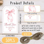 Thank You Label with String, 2x3.5 Inch Pink Bow Gift Tags, Thank You for Celebrating with Us Tag, Paper Personalized Design Gift Label for Wrapping Party Favor-A11