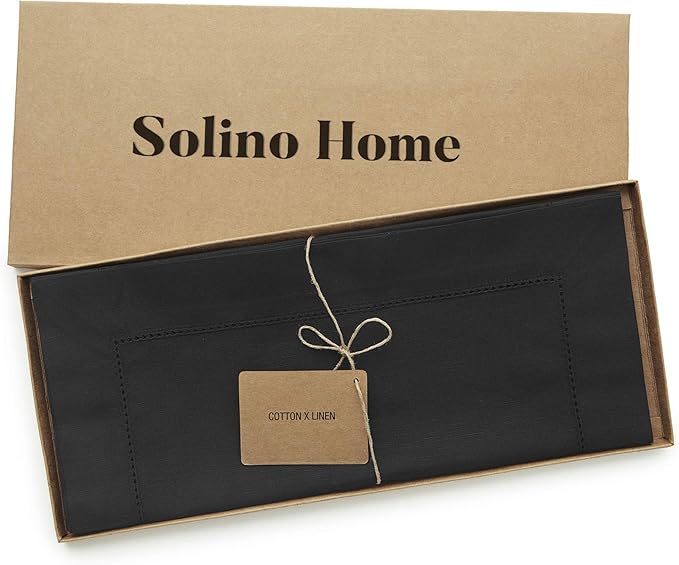 Solino Home Cotton Linen Black Table Runner 72 Inches Long - Hemstitch Table Runner 14 x 72 Inch for Dresser, Dining, Fall, Autumn, Halloween, Thanksgiving, Holiday