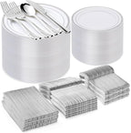 600PCS Silver Plastic Plate Set (100 Guests), Disposable Plates for Party Wedding Birthday, Dinnerware Set of 200 Plastic Plates, 200 Forks, 100 Spoons, 100 Knives for Christmas