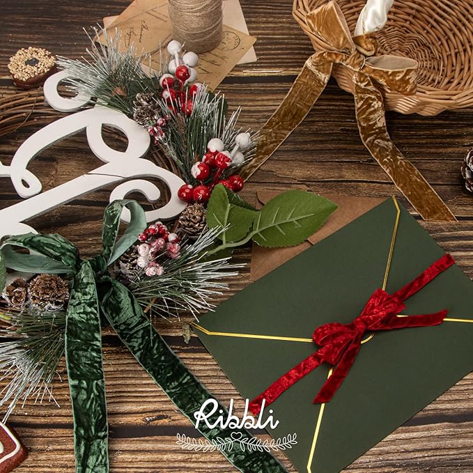 Ribbli Red Velvet Ribbon 1 Inches Luxury Crinkled Red Christmas Ribbon for Gift Wrapping Crafts Home Decor-Continuous 10 Yard