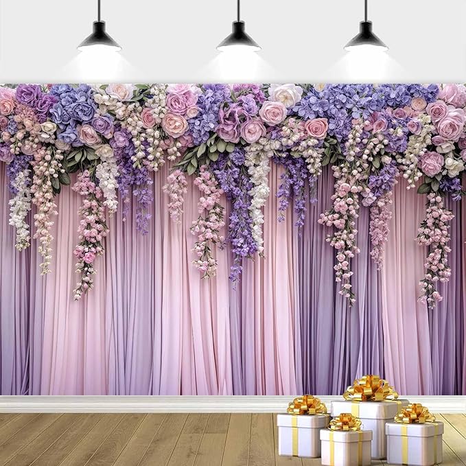 6x6ft Purple Flower Wedding Photography Backdrop Lavender Floral Wedding Bridal Photography Backdrop Anniversary Birthday Baby Shower Girl Party Banner Photo Booth Props Background Wall Decor