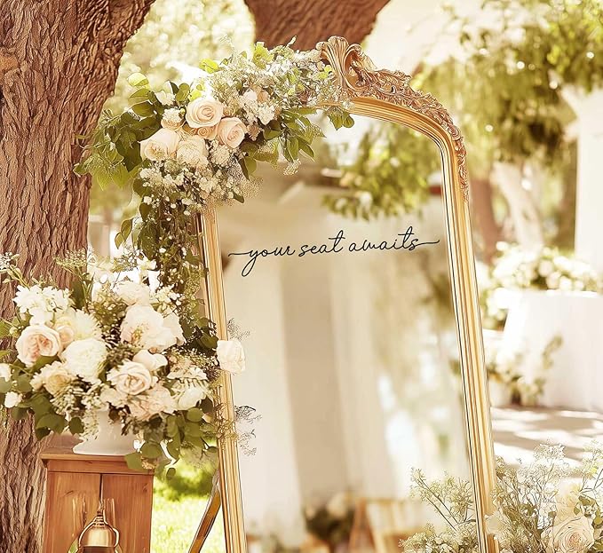 Your Seat Awaits Vinyl Decal, Wedding Seating Sticker, Mirror Decal for Seating, Please Find Your Seat Signs, Wedding Decor Sign (Black, Width 17")