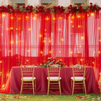 30×10ft Red Tulle Backdrop Curtain with Lights String for Parties, Sheer Photo Backdrop Curtains for Wedding Party Photography Background