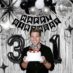 31st Birthday Decorations for Men Women, Black Silver Happy Birthday Party Decorations， 31 Year Old Party Supplies with Number 31 Balloons, Banner, Fringe Curtains Kit