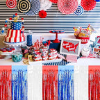 3 Pack 29 x108 Inch White Blue Red Foil Fringe Table Skirts Metallic Banner for Tinsel Streamer Garland Backdrop for Parade Floats Wedding Thanksgiving Birthday Christmas New Year Party Decoration