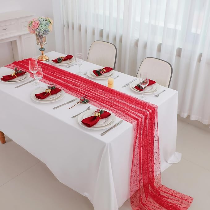 Snowkingdom Red Christmas Table Runner 10 FT, Glitter Metallic Foil Sheer Tulle Cheesecloth Gauze Runner 120 Inch, Red Table Centerpieces Decoration for Wedding Birthday Party Holiday